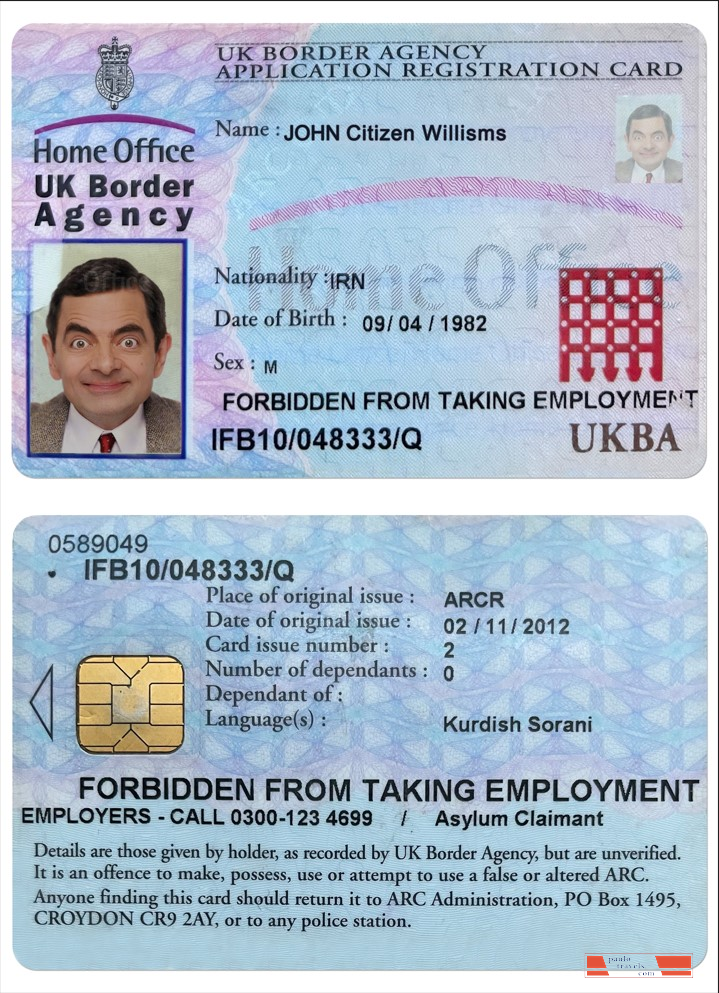 UNITED KINGDOM border agency application registration card